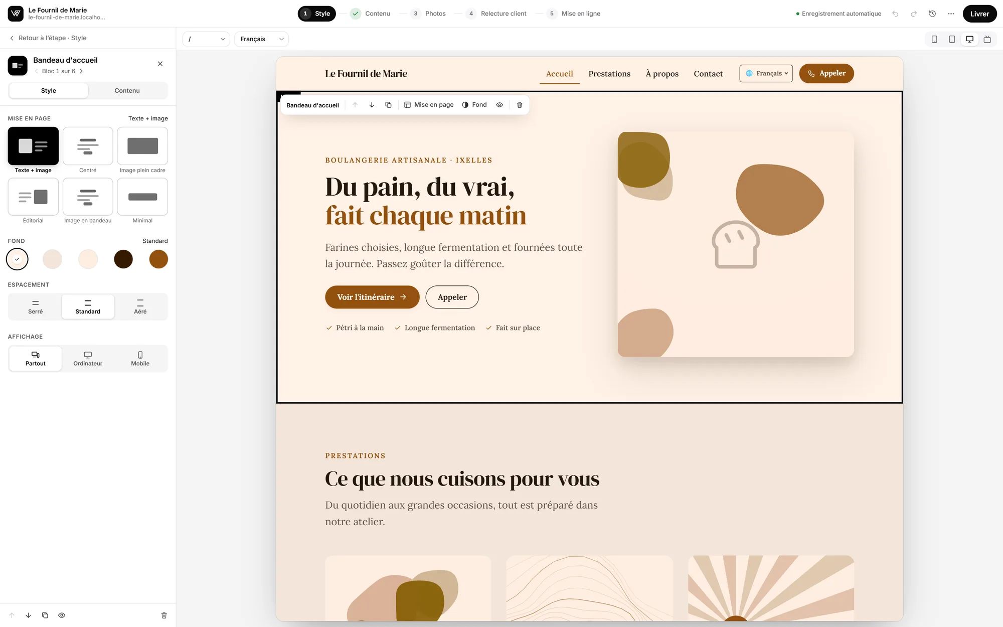Le WaaS Studio en cours d'édition d'un site de boulangerie — Directement sur la page